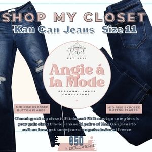 Kan Can Mid Rise Exposed Button Flares size 11 distressed dark wash